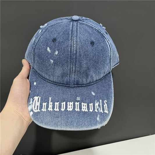 Embroidered Washed Baseball Lettering Cap Denim