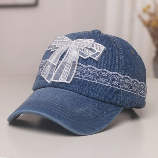 Pearl Baseball Trim Faux Denim Cap Lace Bow