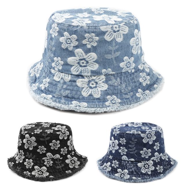 Print Bucket Denim Hat Floral Washed Frayed