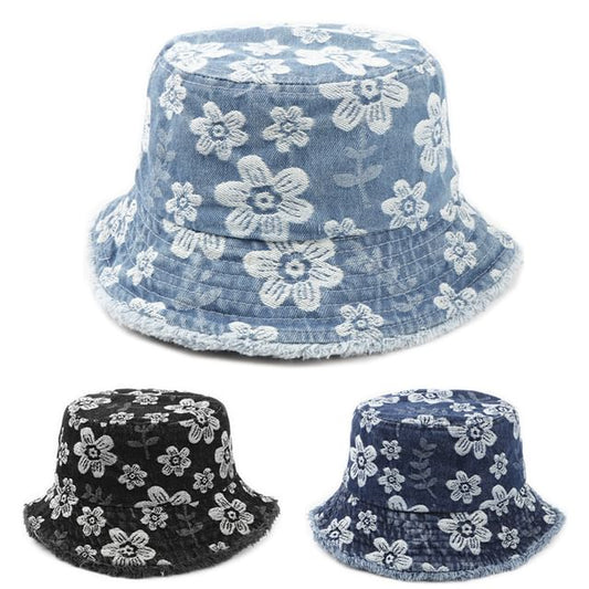 Print Bucket Denim Hat Floral Washed Frayed