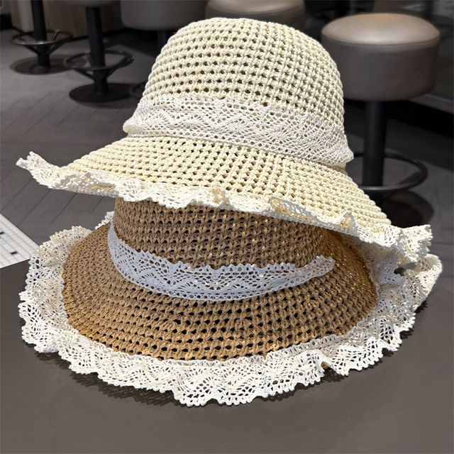 Sun Trim Knit Hat Lace Perforated