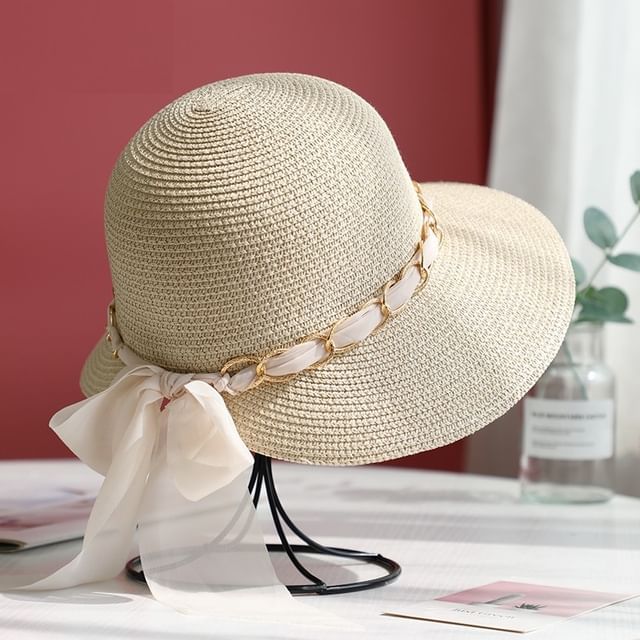 Sun Straw Bow Chained Hat