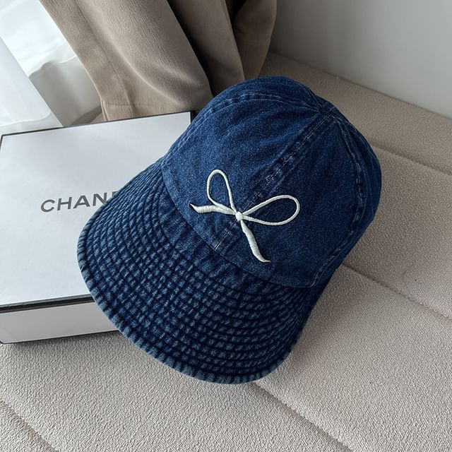Washed Embroidered Denim Brim Bow Cap Wide