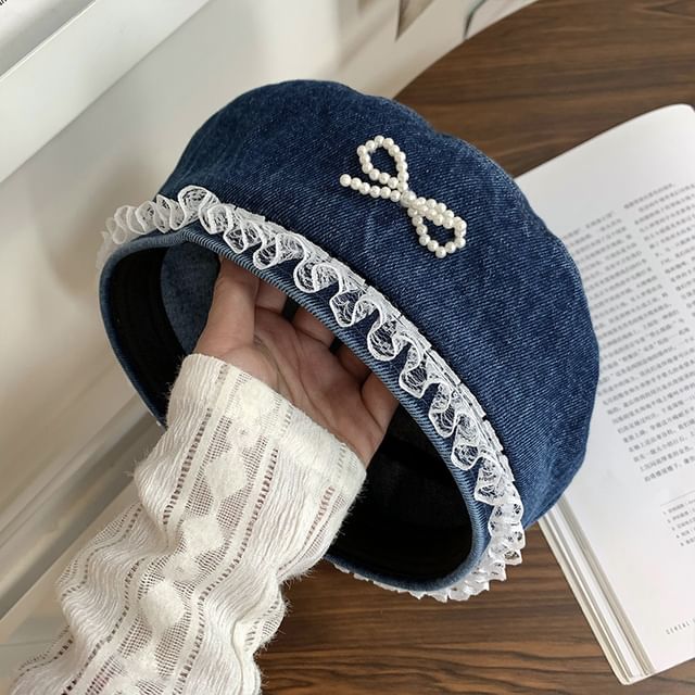 Trim Denim Faux Pearl Lace Beret Bow