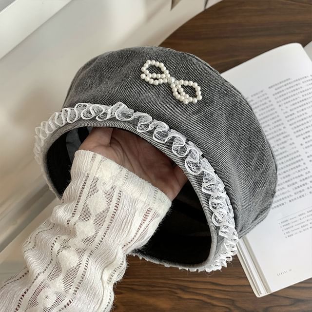 Trim Denim Faux Pearl Lace Beret Bow