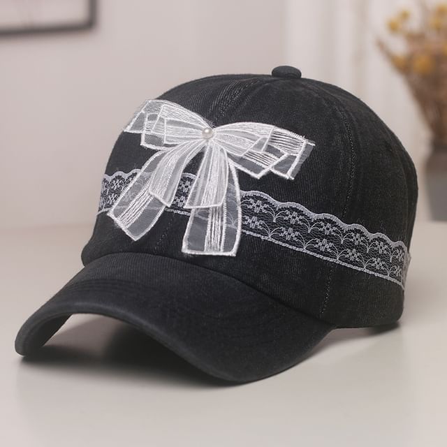 Pearl Baseball Trim Faux Denim Cap Lace Bow