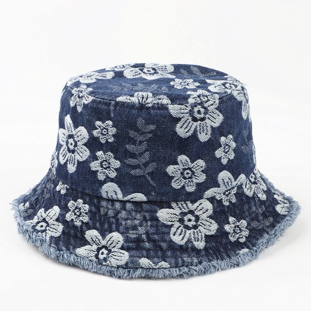 Print Bucket Denim Hat Floral Washed Frayed