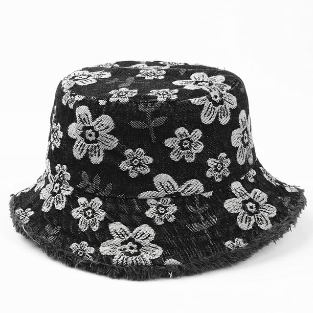 Print Bucket Denim Hat Floral Washed Frayed