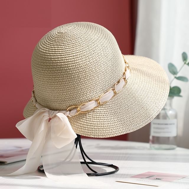 Sun Straw Bow Chained Hat