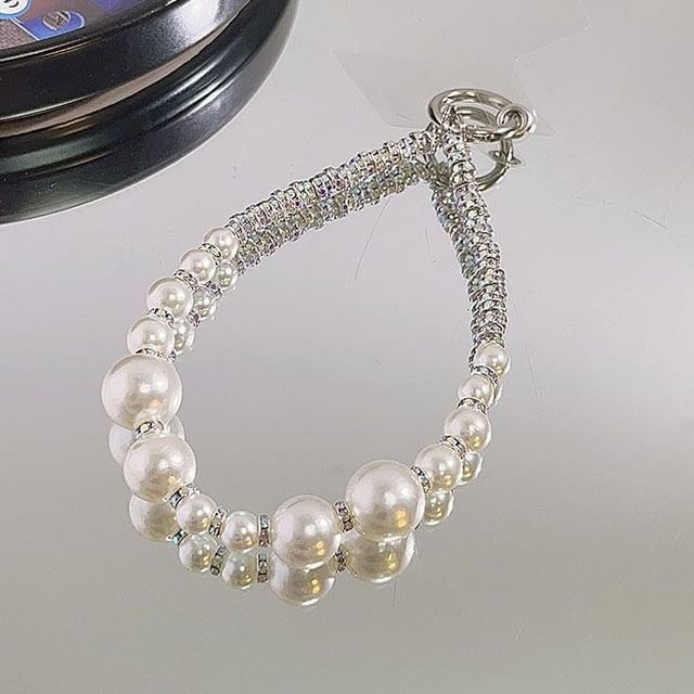 Lanyard Pad Faux with Pearl Phone Rhinestone Strap