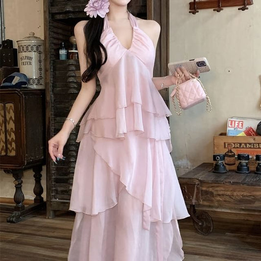 / Cami V-Neck Plain Skirt A-Line Top Flowy Maxi