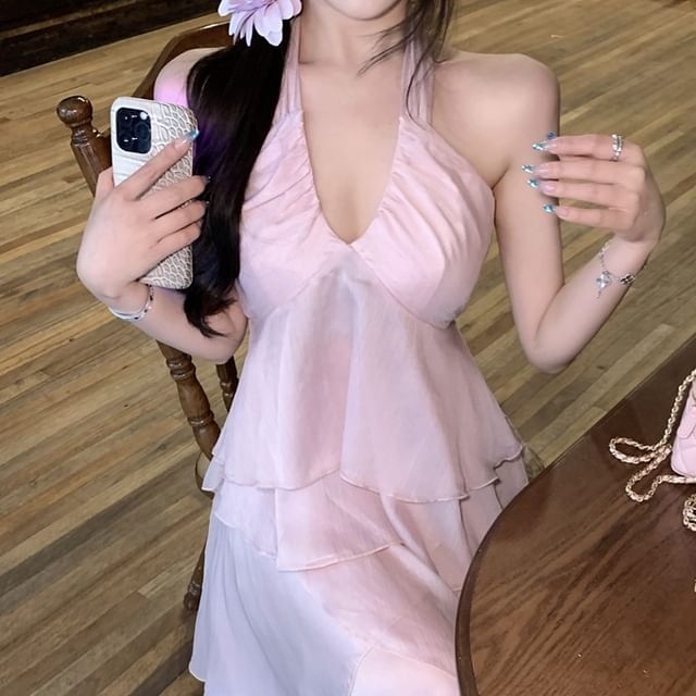 / Cami V-Neck Plain Skirt A-Line Top Flowy Maxi