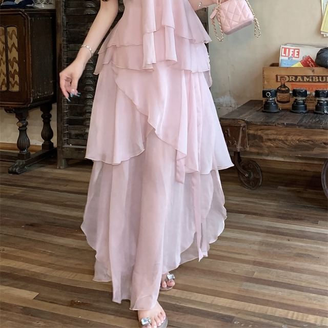 / Cami V-Neck Plain Skirt A-Line Top Flowy Maxi