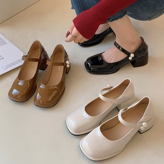 Heel Jane Mary Block Faux Pearl Pumps