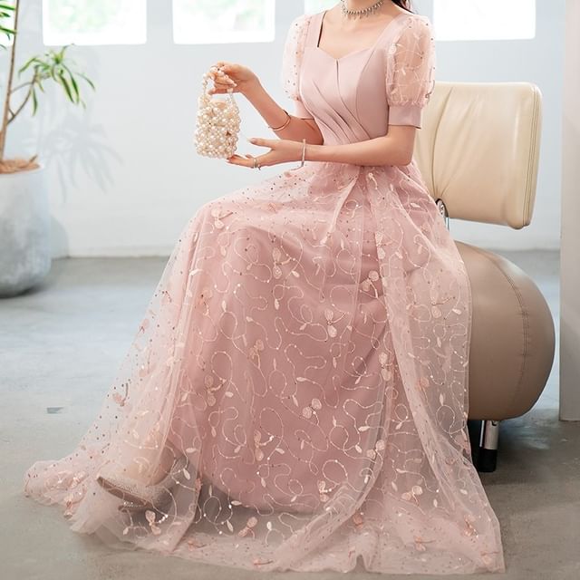 A-Line Neck Designs) Short-Sleeve (Various Evening Square Gown Glitter