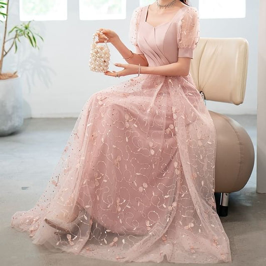 A-Line Neck Designs) Short-Sleeve (Various Evening Square Gown Glitter