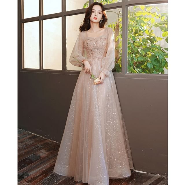 A-Line Gown V-Neck (Various Long-Sleeve Designs) Evening Glitter