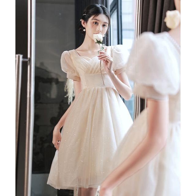 Evening Dress A-Line Short-Sleeve Party Gown / Glitter V-Neck