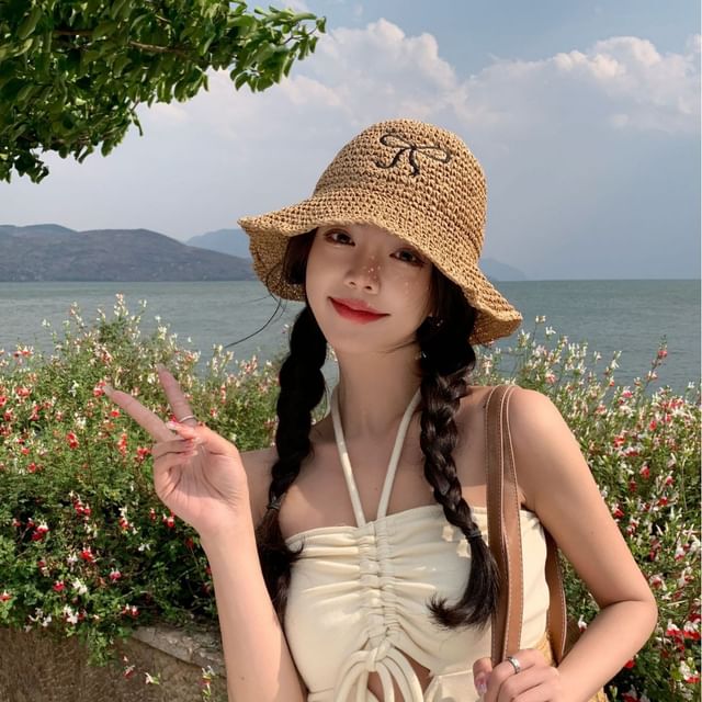 Straw Sun Embroidered Bow Hat