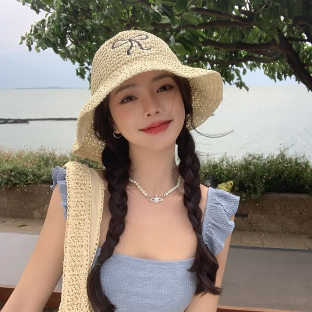 Straw Sun Embroidered Bow Hat