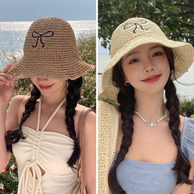 Straw Sun Embroidered Bow Hat