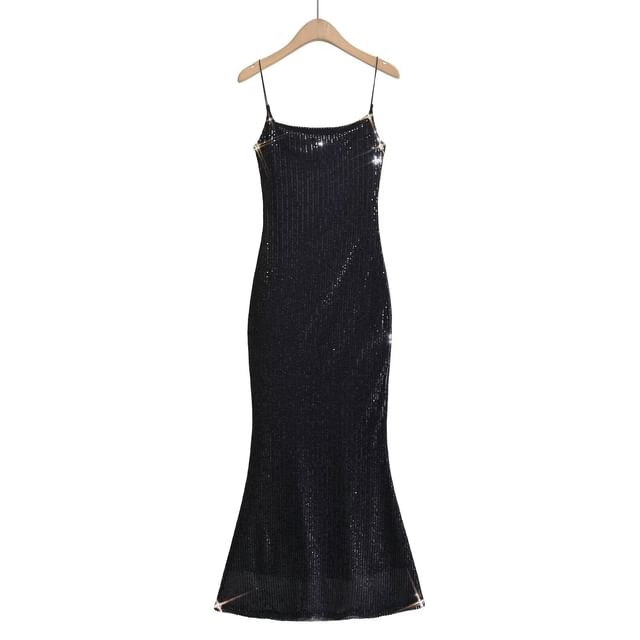 Neck Spaghetti Mermaid Evening Open Gown Back Sequin Strap Scoop