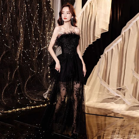 Evening Panel Strapless Lace Gown Sequin A-Line