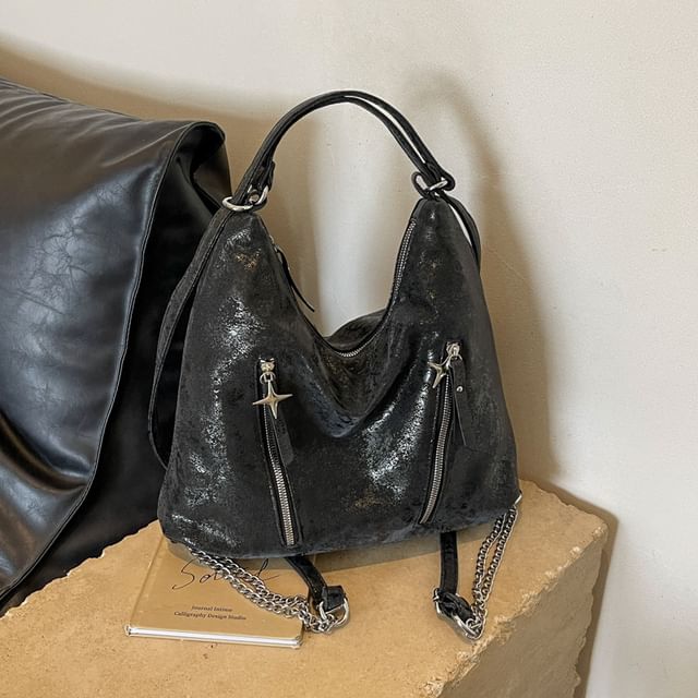 Plain Chain Leather Backpack Strap Zipped Faux