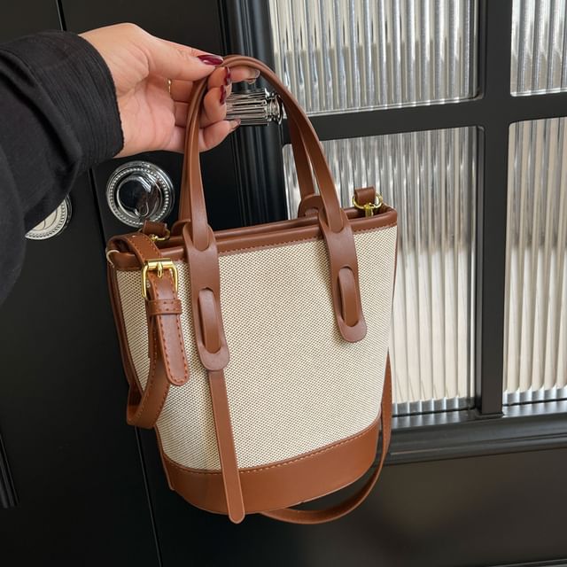Bag Faux Two Panel Leather Bucket Canvas Tone