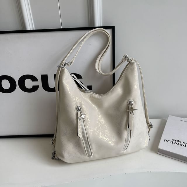 Plain Chain Leather Backpack Strap Zipped Faux