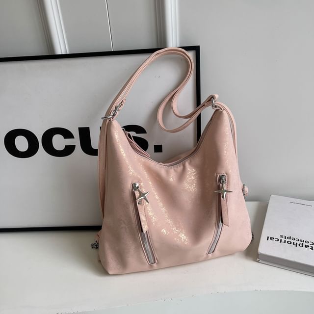 Plain Chain Leather Backpack Strap Zipped Faux