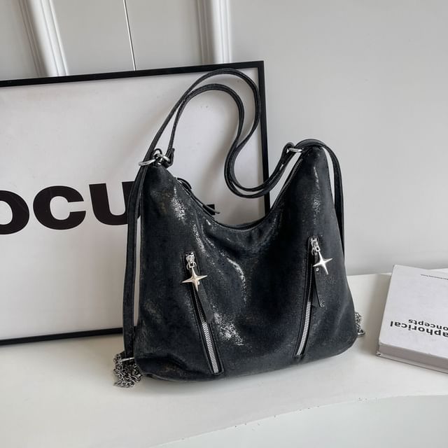 Plain Chain Leather Backpack Strap Zipped Faux