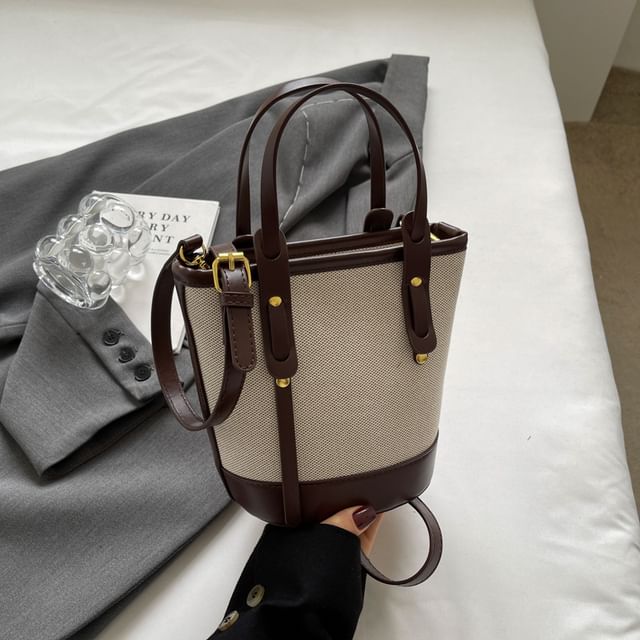 Bag Faux Two Panel Leather Bucket Canvas Tone