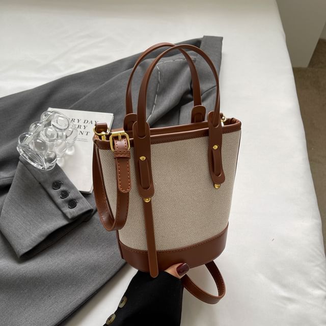 Bag Faux Two Panel Leather Bucket Canvas Tone