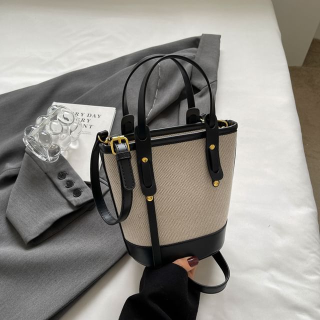 Bag Faux Two Panel Leather Bucket Canvas Tone