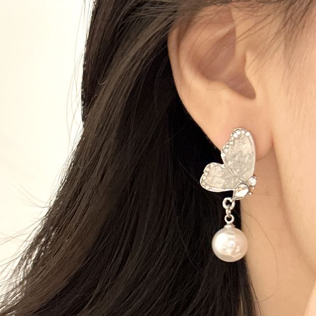 / Drop Floral Alloy Butterfly Crystal Faux Pearl Earring