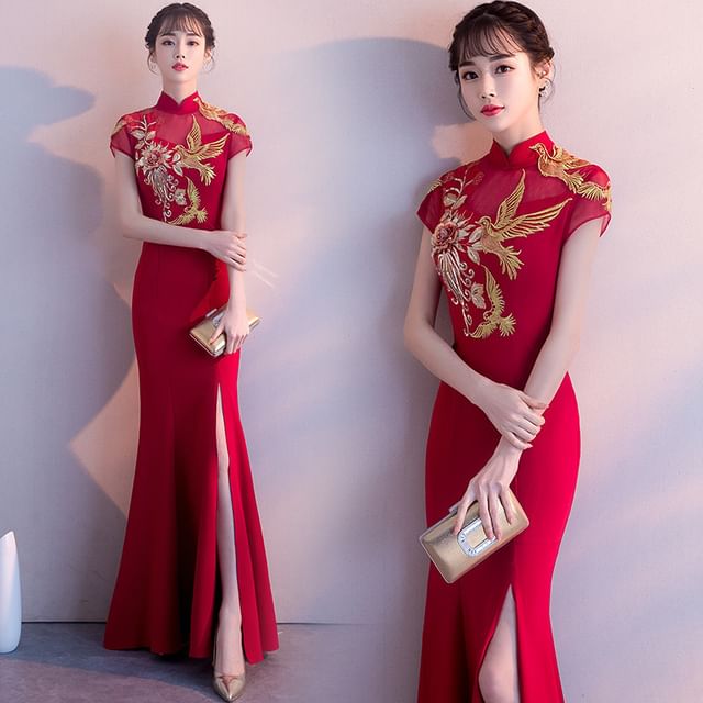 Gown Chinese Embroidered Mermaid Traditional Evening Cap-Sleeve