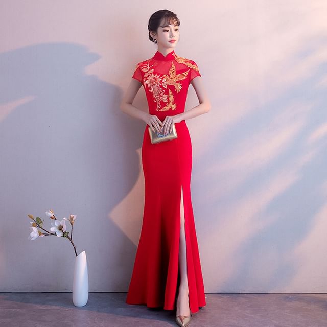 Gown Chinese Embroidered Mermaid Traditional Evening Cap-Sleeve