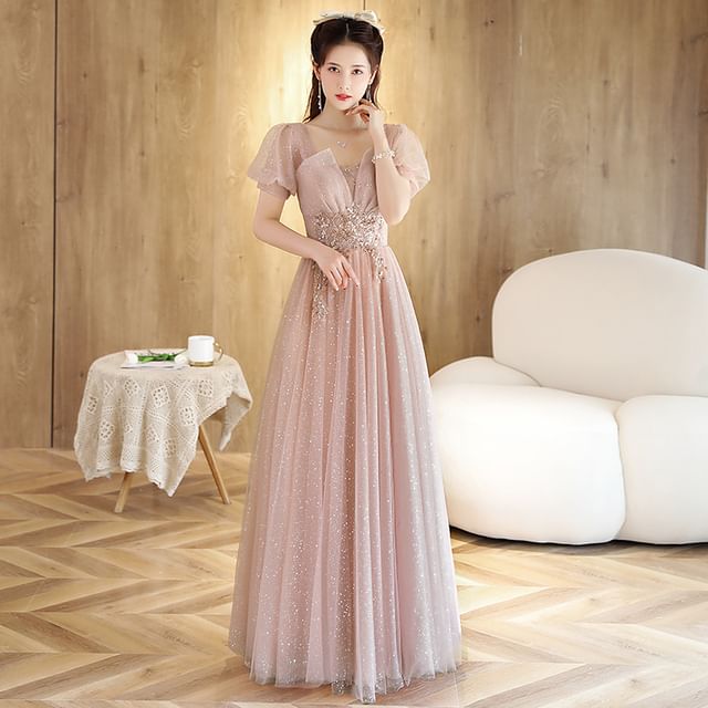 Designs) Rhinestone A-Line Mesh (Various Short-Sleeve Gown Evening