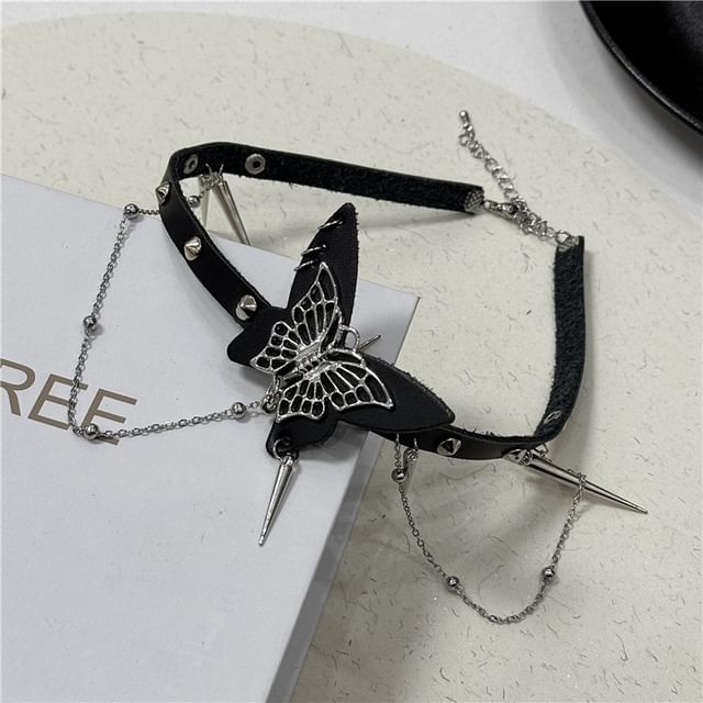 Studded / Leather Alloy Faux Choker Butterfly