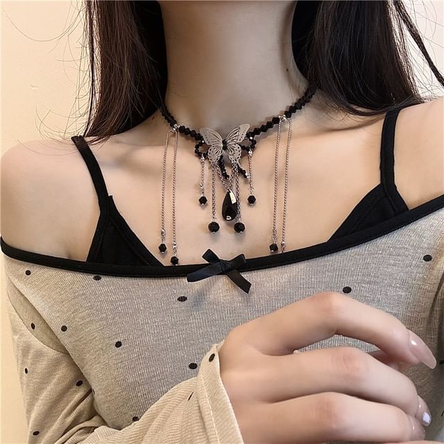 Studded / Leather Alloy Faux Choker Butterfly