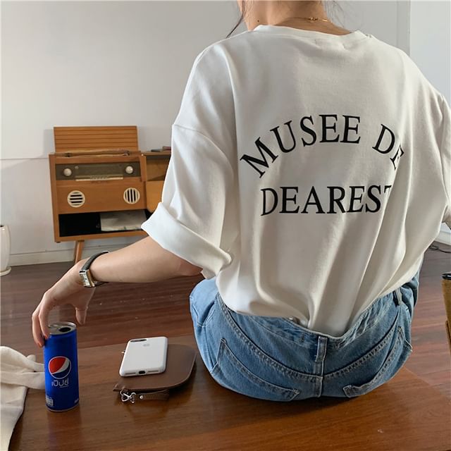 Neck Crew Print T-Shirt Lettering Short-Sleeve