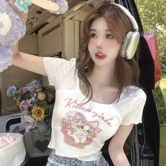 Tee Print Neck Short-Sleeve Square Lettering Cartoon