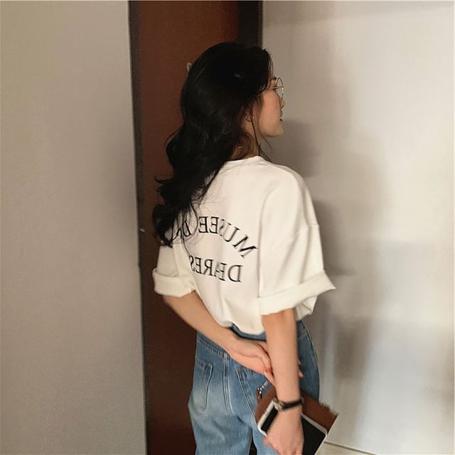 Neck Crew Print T-Shirt Lettering Short-Sleeve