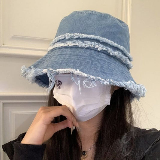 Hat Denim Distressed Fringed Bucket