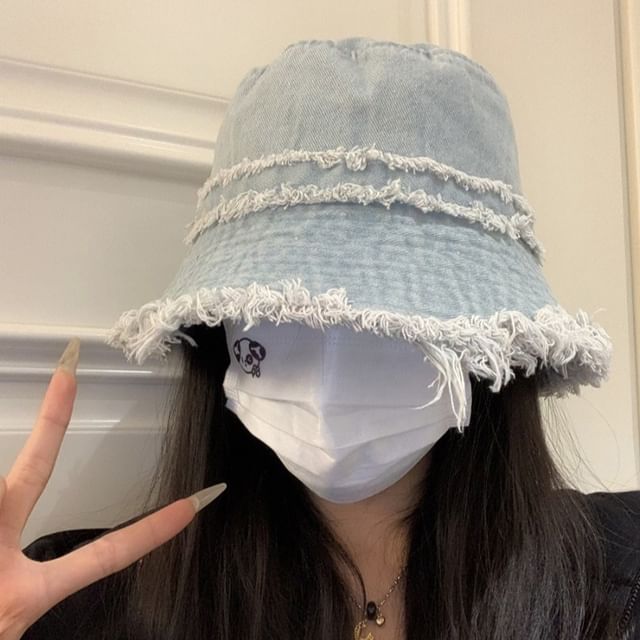 Hat Denim Distressed Fringed Bucket