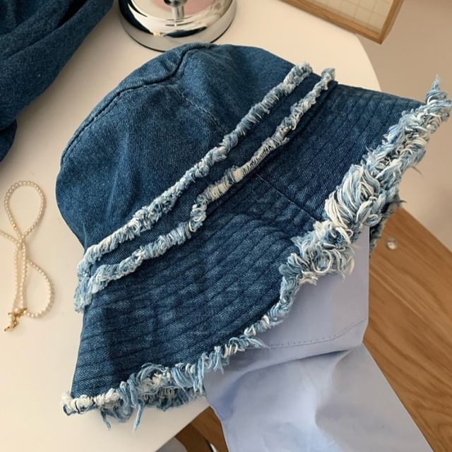 Hat Denim Distressed Fringed Bucket