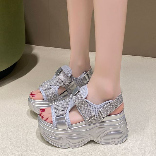 Sandals Strap Rhinestone Adhesive Mesh Platform Slingback