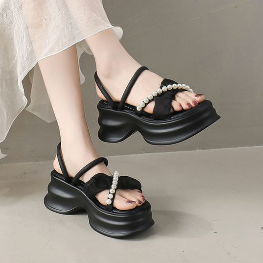 Cross Pearl Strap Sandals Faux Accent Ruched Platform