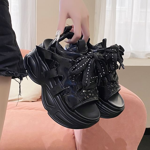 Slingback Lace-Up Sandals Platform Sequin